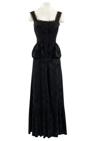 Rare 1970s Mary Quant Black Silk Floral Weave Maxi Dress w Peplum & Ruffled Hem