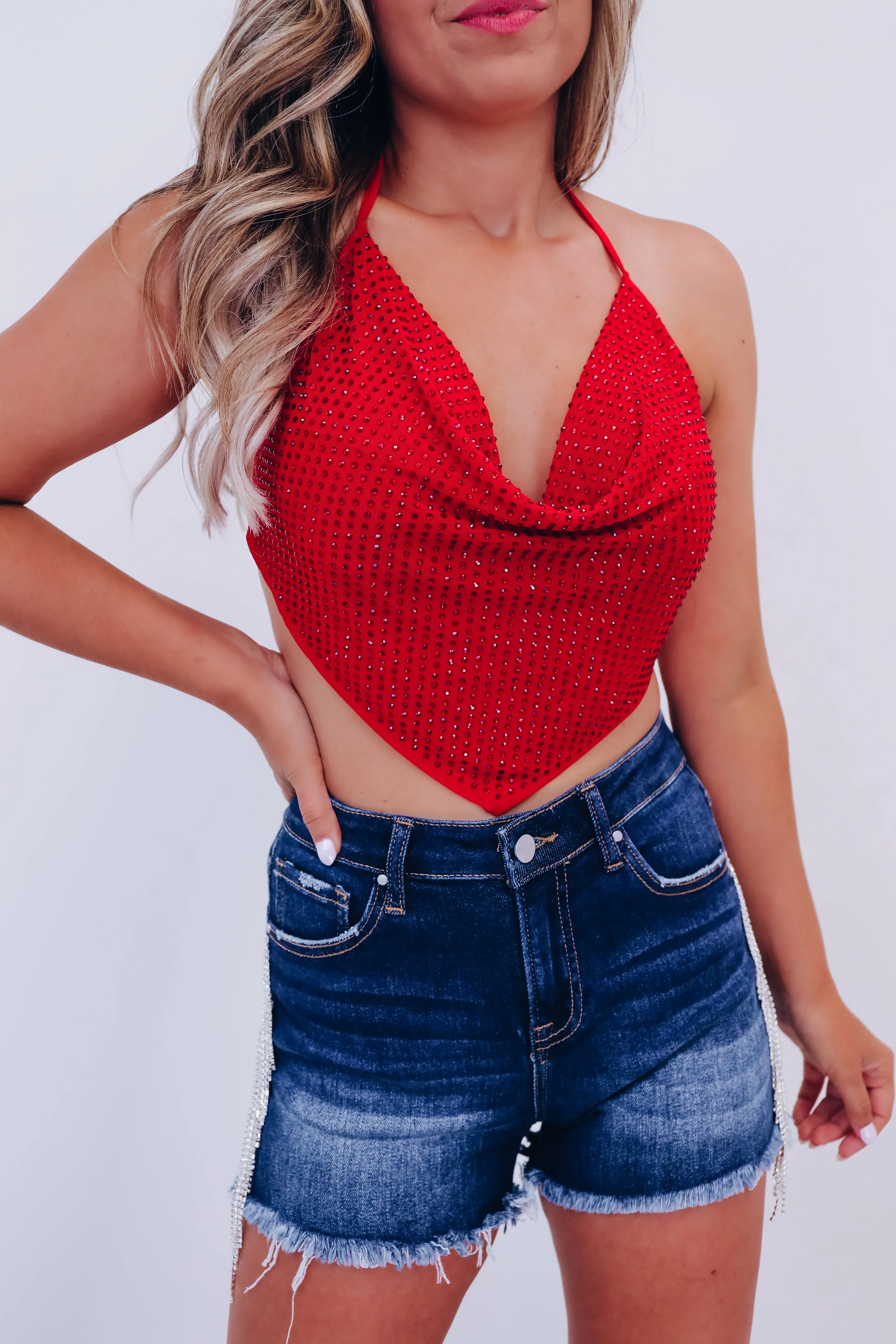 Reah Rhinestone Mesh Halter Top - Red
