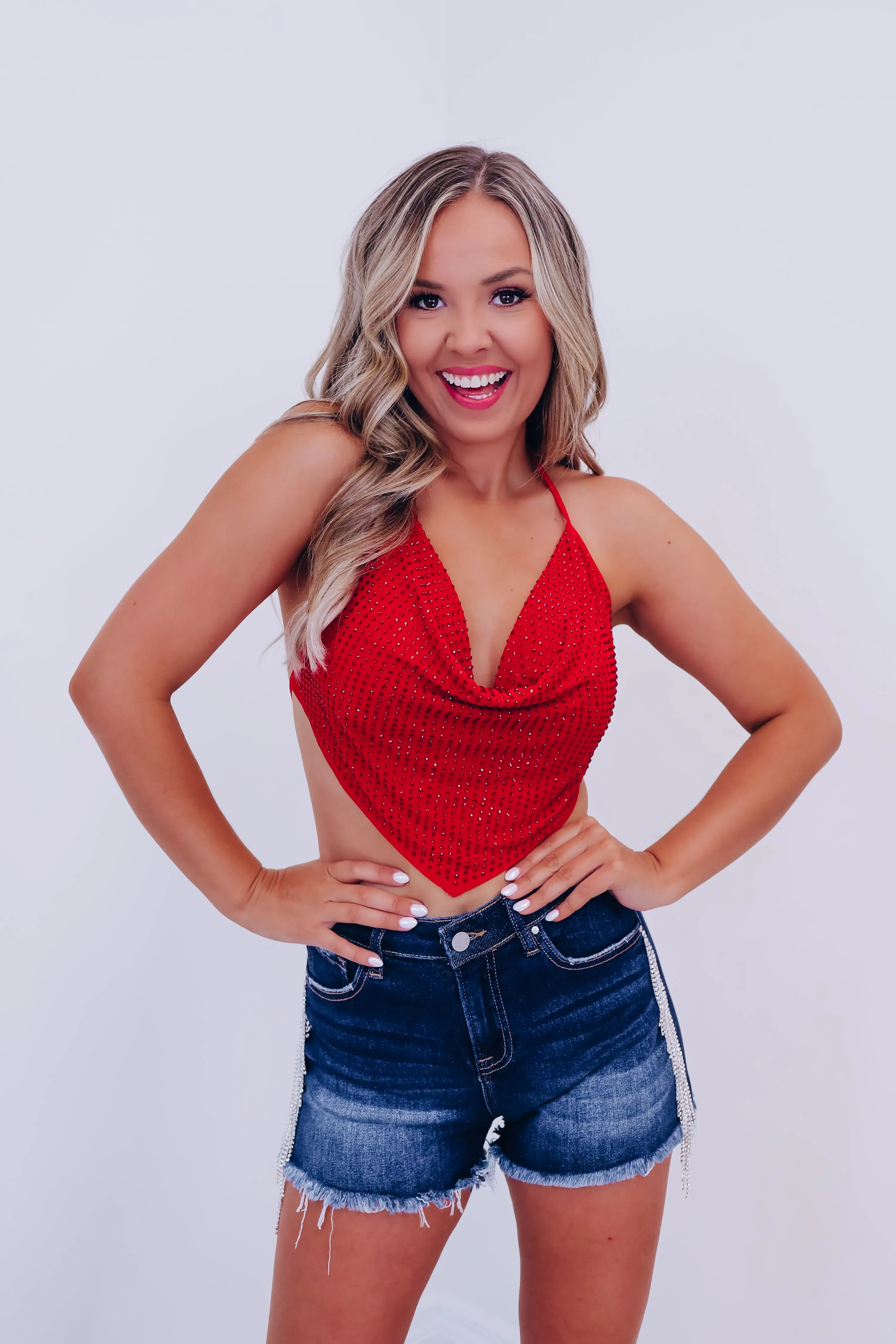 Reah Rhinestone Mesh Halter Top - Red