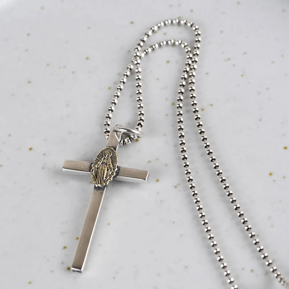Real Solid 925 Sterling Silver Pendants Cross Virgin Mary Fashion Punk Jewelry