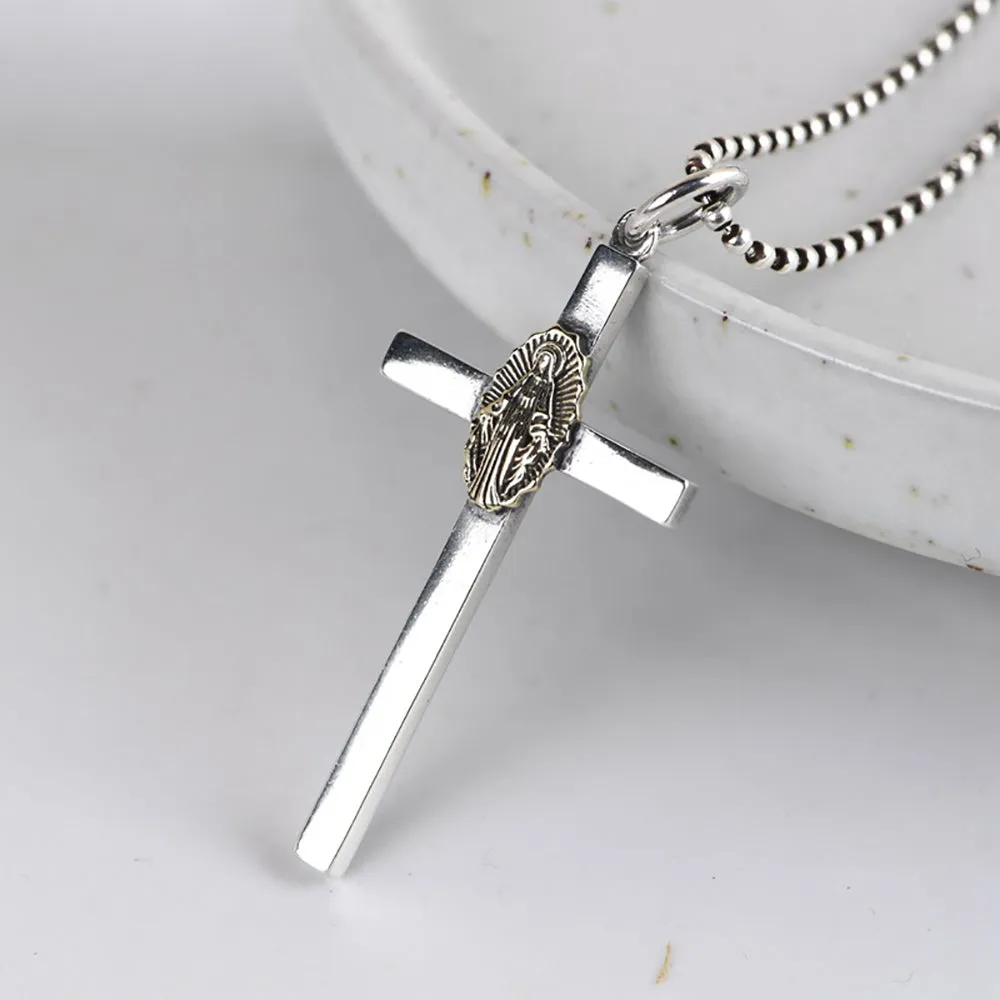 Real Solid 925 Sterling Silver Pendants Cross Virgin Mary Fashion Punk Jewelry
