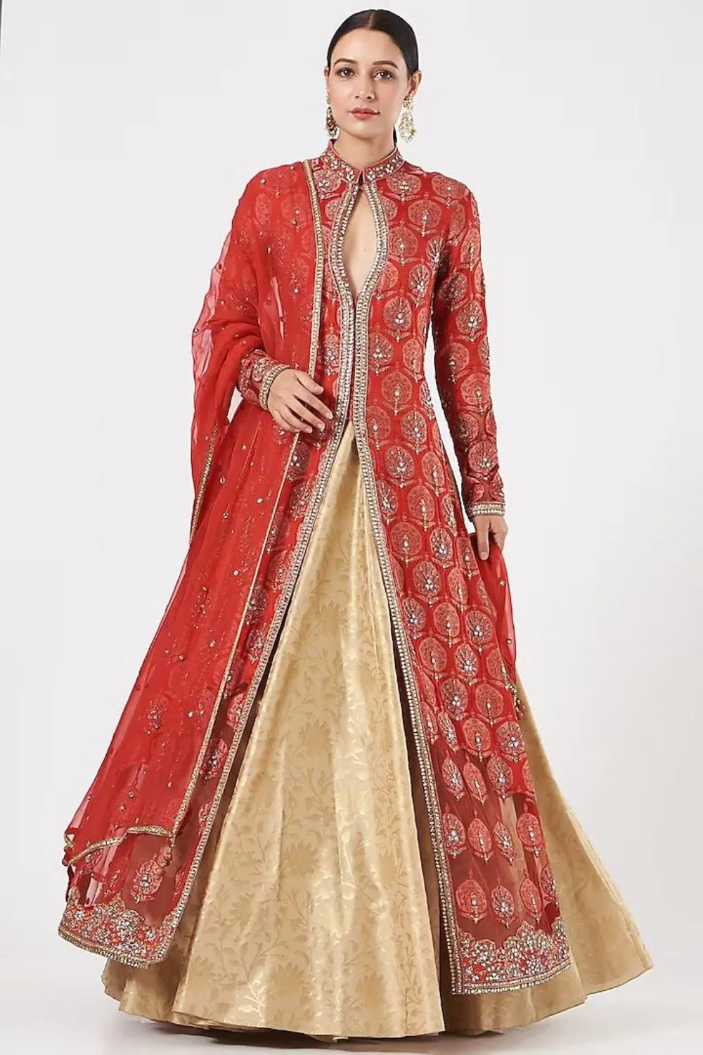 Red and Beige Brocade Embroidered Jacket Lehenga