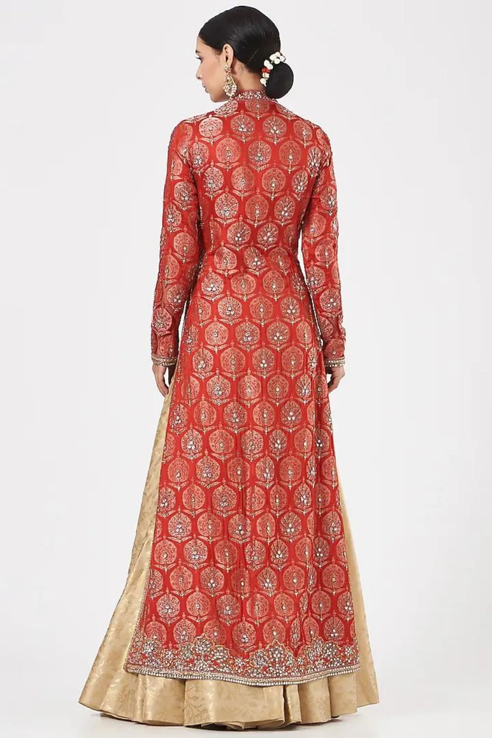 Red and Beige Brocade Embroidered Jacket Lehenga