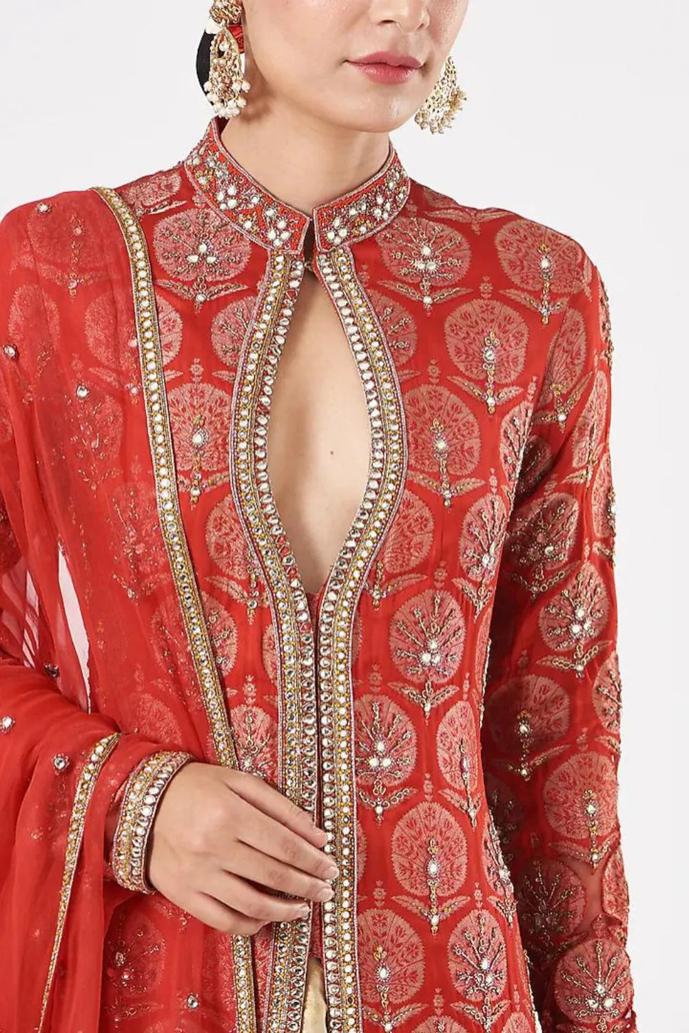 Red and Beige Brocade Embroidered Jacket Lehenga