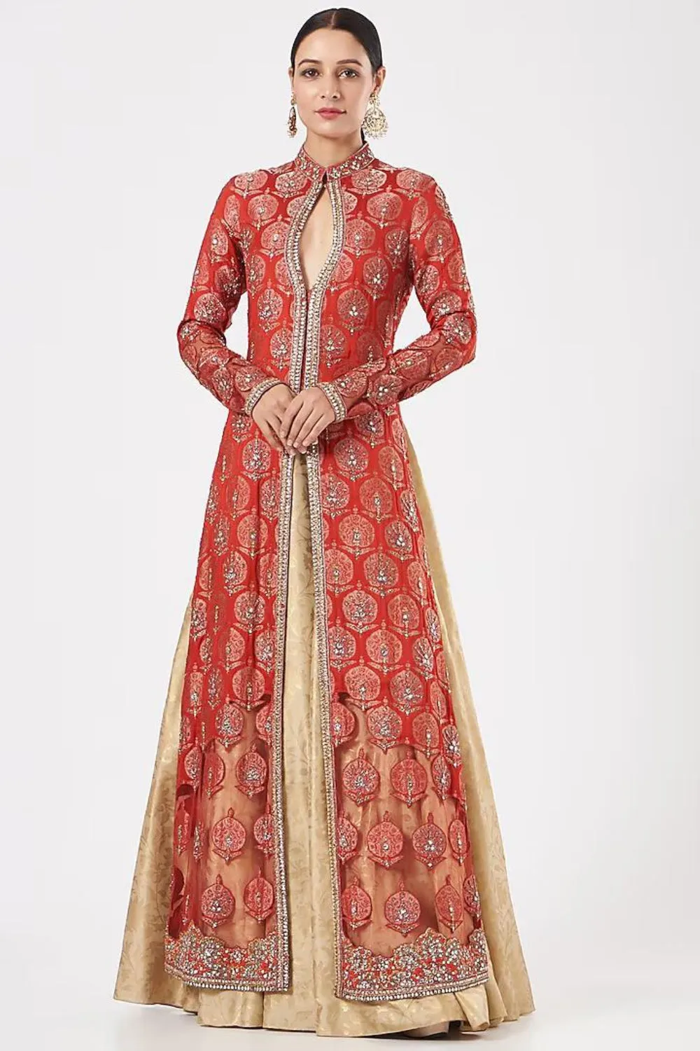 Red and Beige Brocade Embroidered Jacket Lehenga