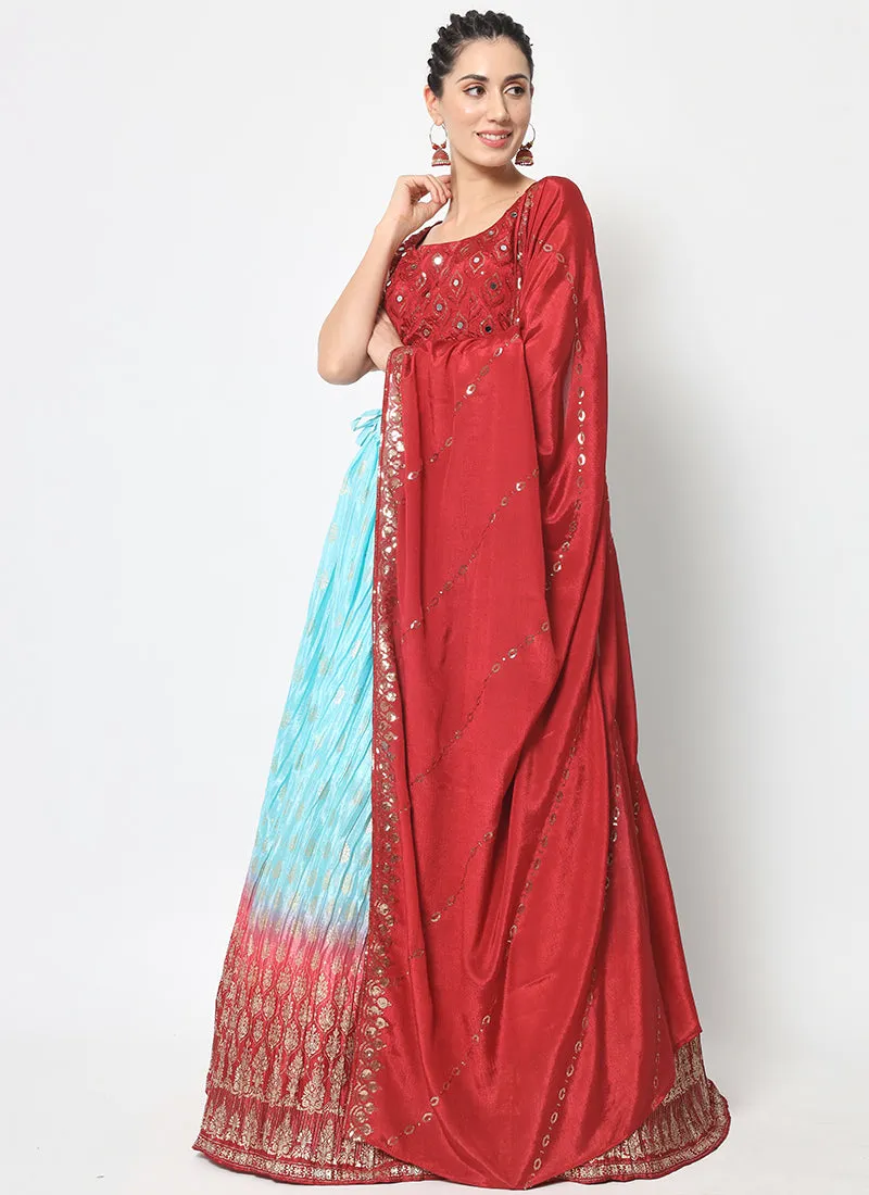 Red Blue Ombré Sequence Embroidery Silk Lehenga Choli