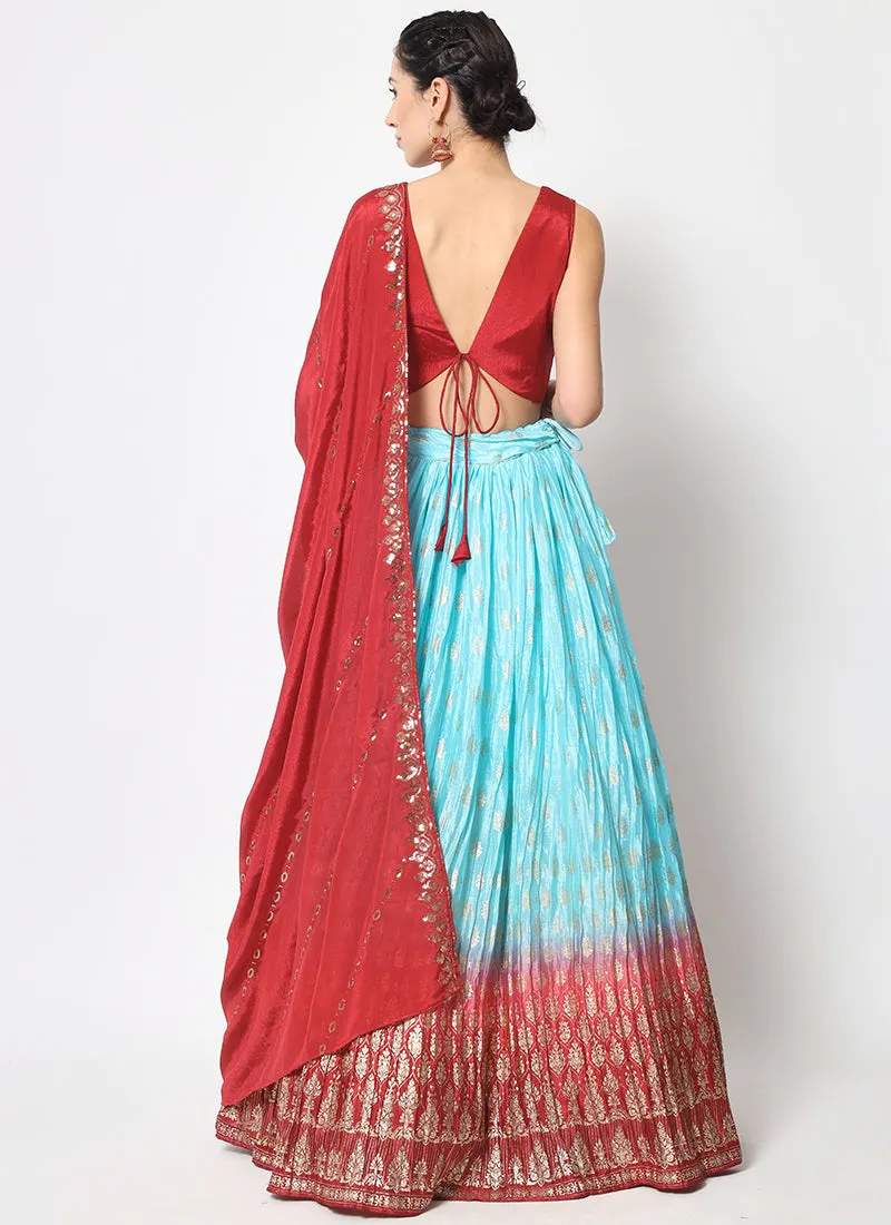Red Blue Ombré Sequence Embroidery Silk Lehenga Choli