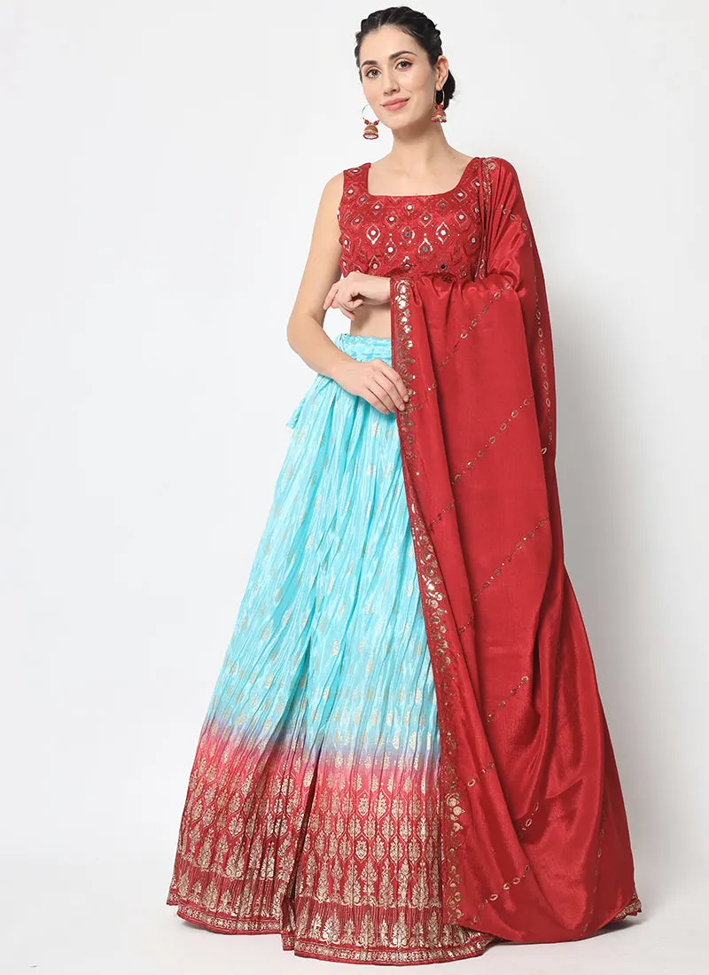 Red Blue Ombré Sequence Embroidery Silk Lehenga Choli