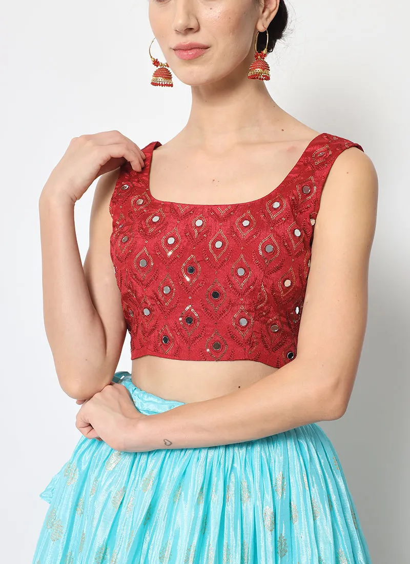 Red Blue Ombré Sequence Embroidery Silk Lehenga Choli