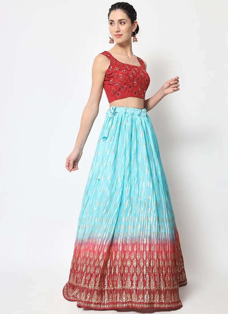 Red Blue Ombré Sequence Embroidery Silk Lehenga Choli