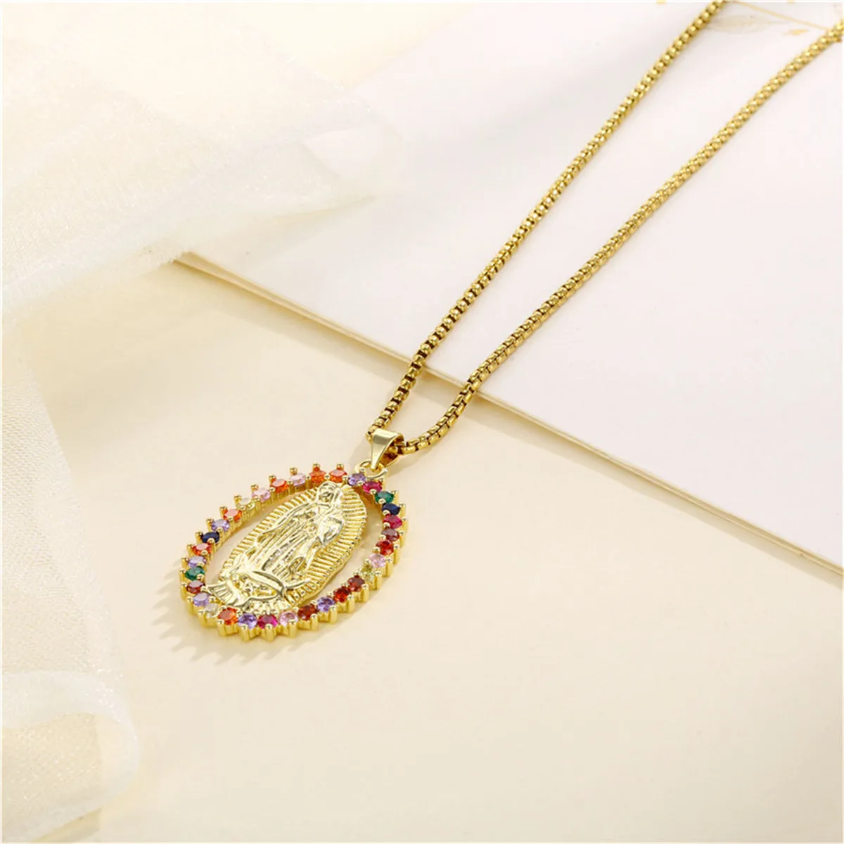 Red Cubic Zirconia & 18K Gold-Plated Mary Pendant Necklace