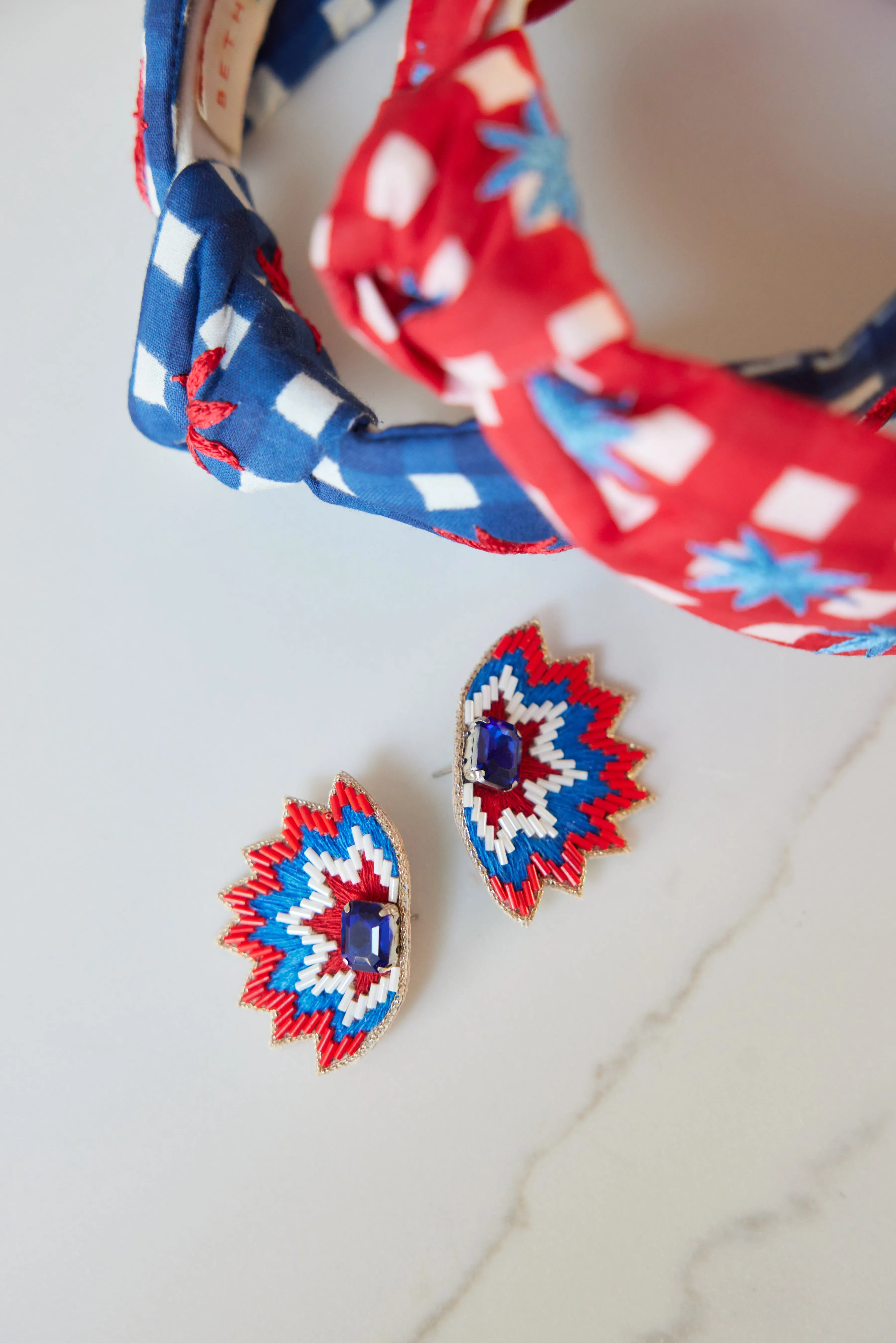 Red Gingham Headband with Blue Stars