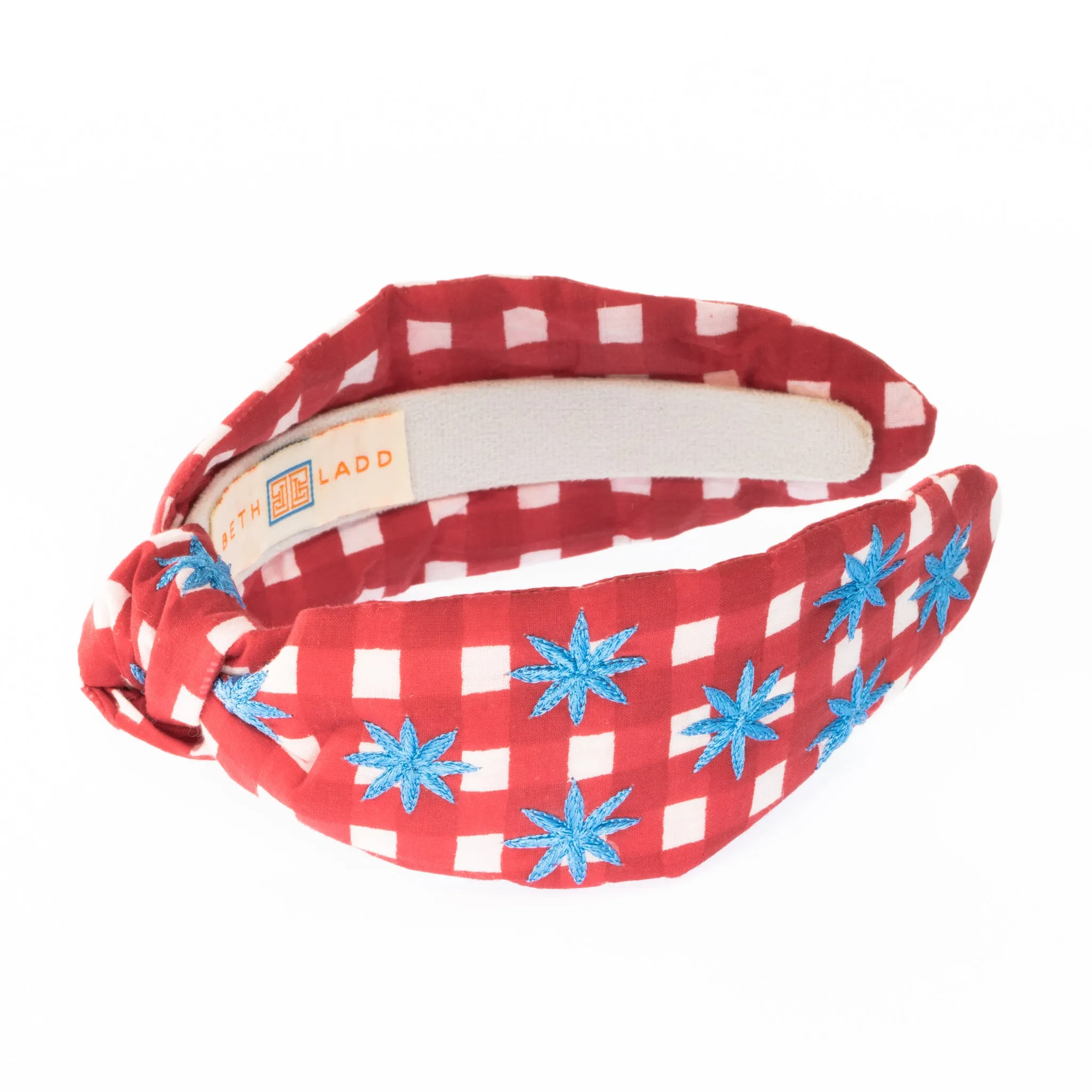 Red Gingham Headband with Blue Stars