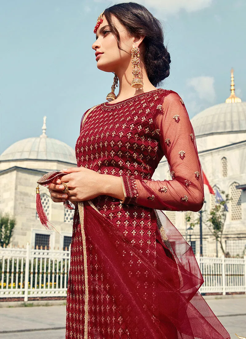 Red Golden Embroidered Designer Gharara Suit