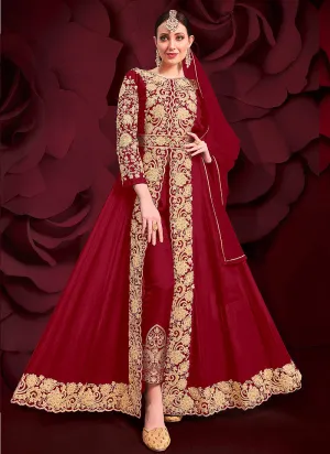 Red Golden Embroidered Slit Style Anarkali Pant Suit