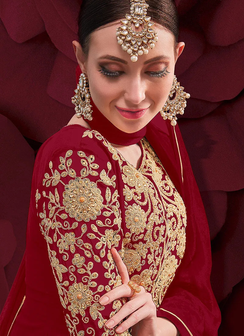 Red Golden Embroidered Slit Style Anarkali Pant Suit