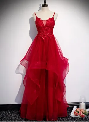 Red Lace Tulle Layered Straps Fashionable Long Party Dress, Long Prom Gown
