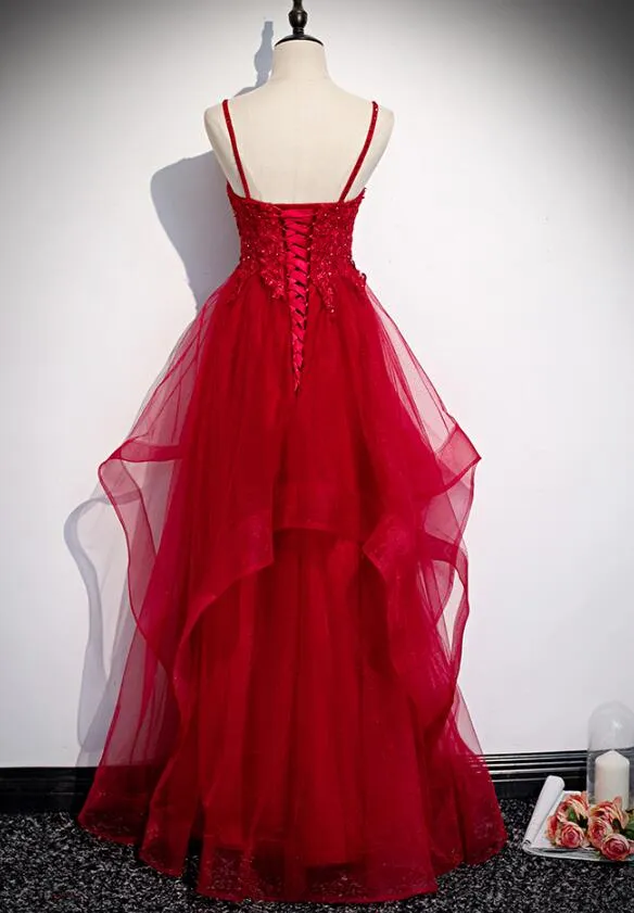 Red Lace Tulle Layered Straps Fashionable Long Party Dress, Long Prom Gown