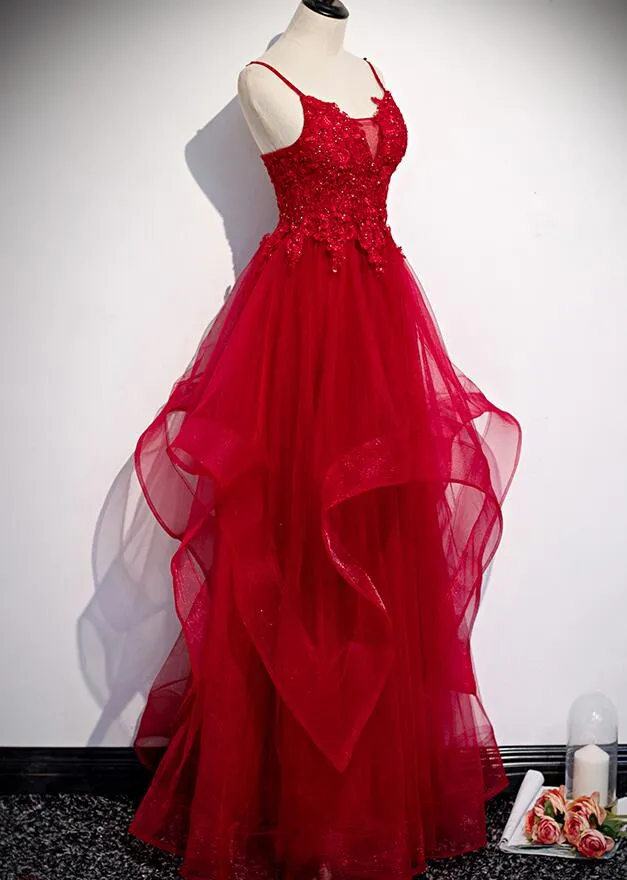 Red Lace Tulle Layered Straps Fashionable Long Party Dress, Long Prom Gown