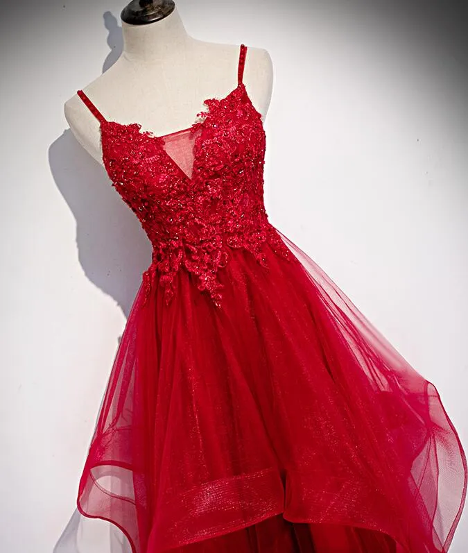 Red Lace Tulle Layered Straps Fashionable Long Party Dress, Long Prom Gown
