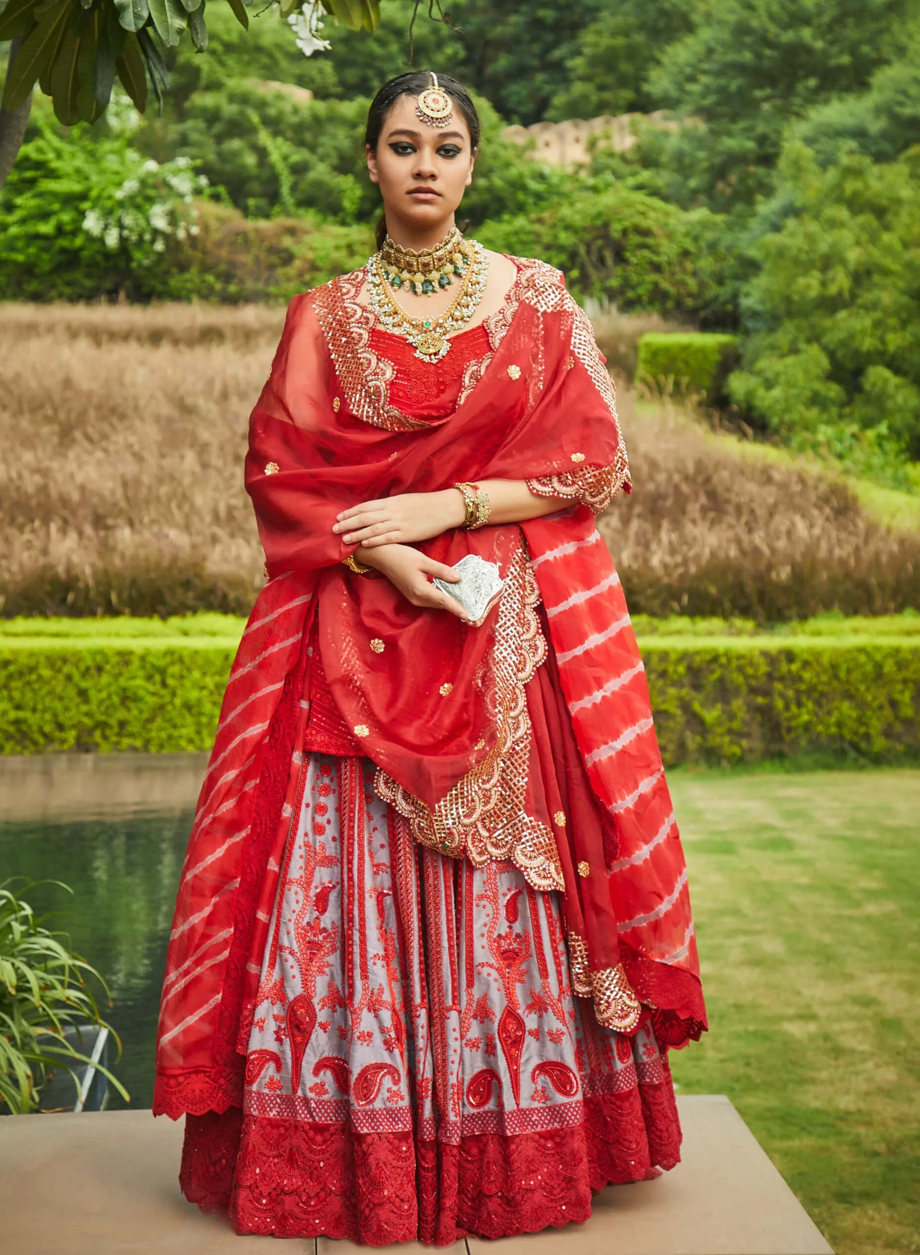 Red raw silk embroidered lehenga set
