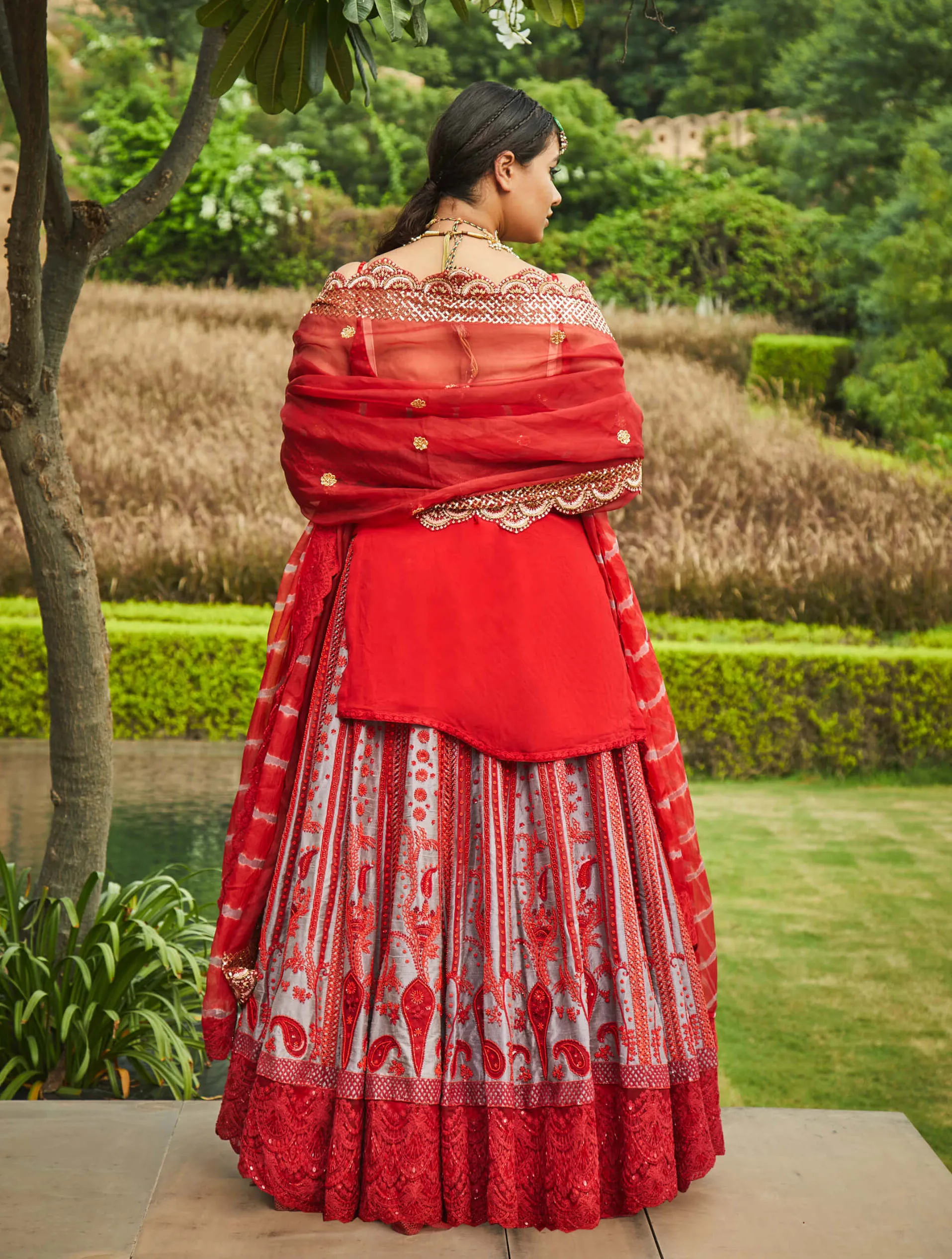 Red raw silk embroidered lehenga set