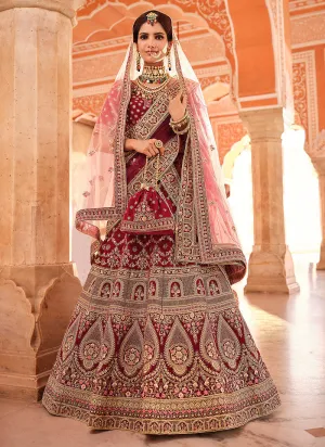 Red Traditional Embroidered Velvet Wedding Lehenga Choli
