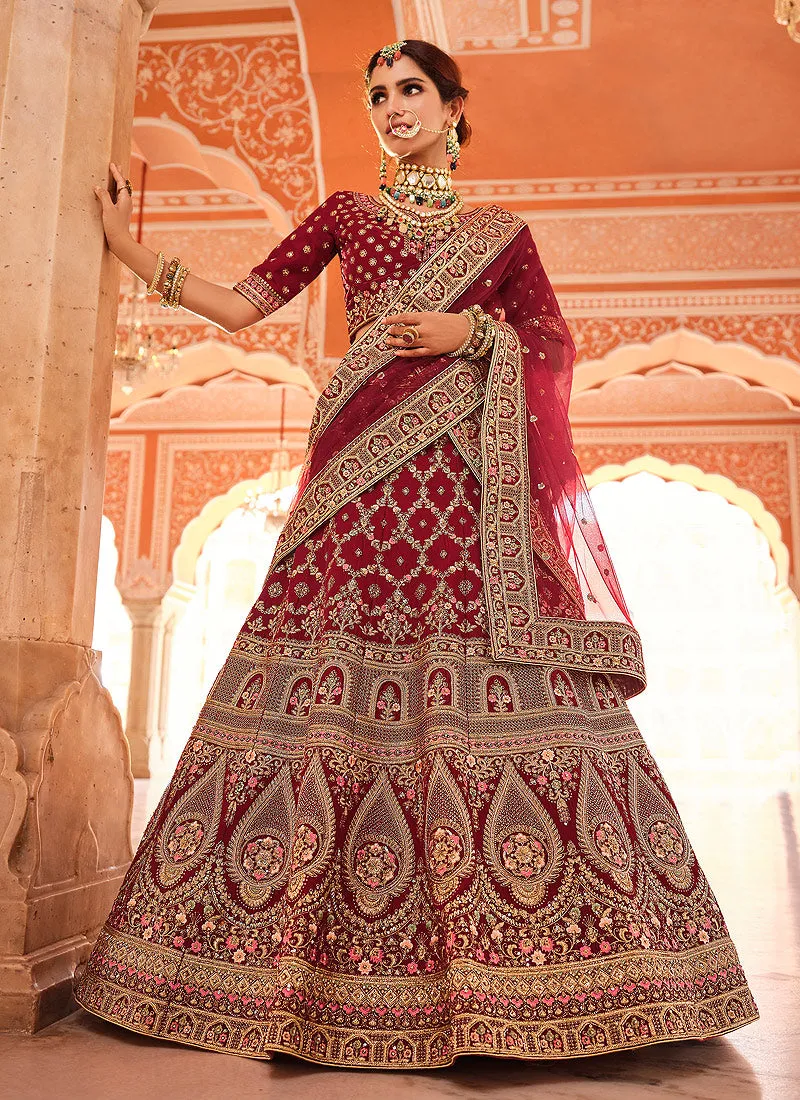 Red Traditional Embroidered Velvet Wedding Lehenga Choli