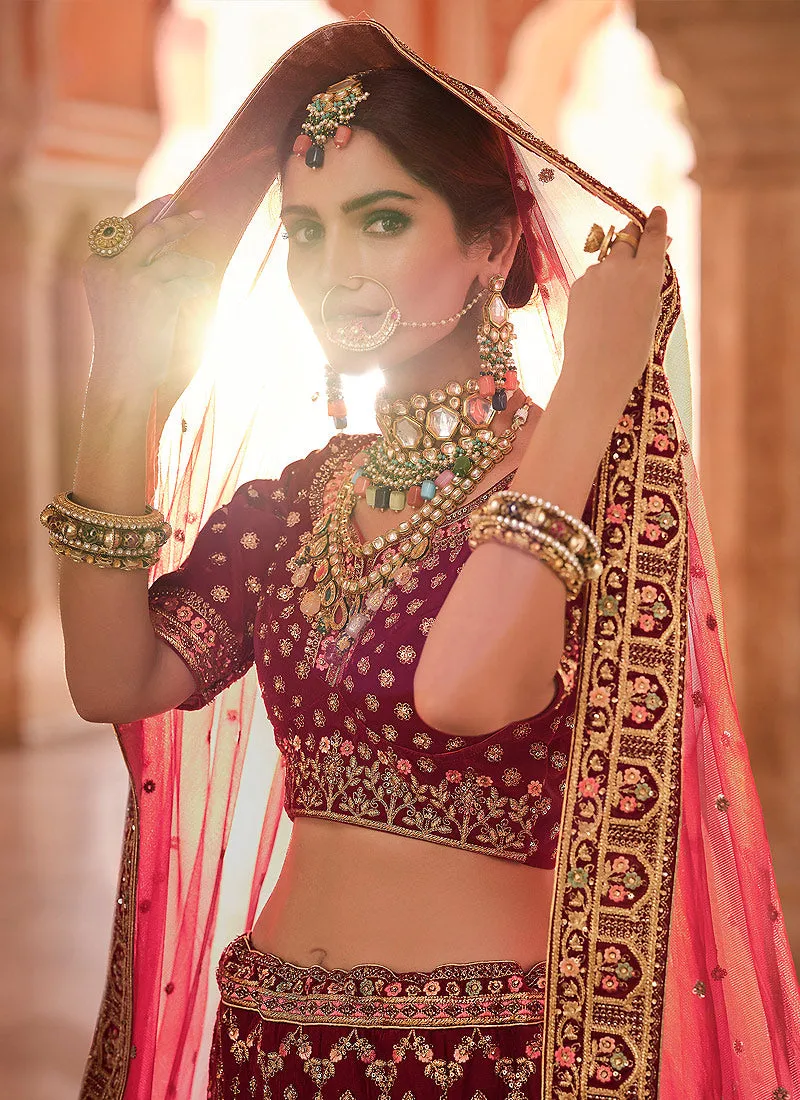 Red Traditional Embroidered Velvet Wedding Lehenga Choli