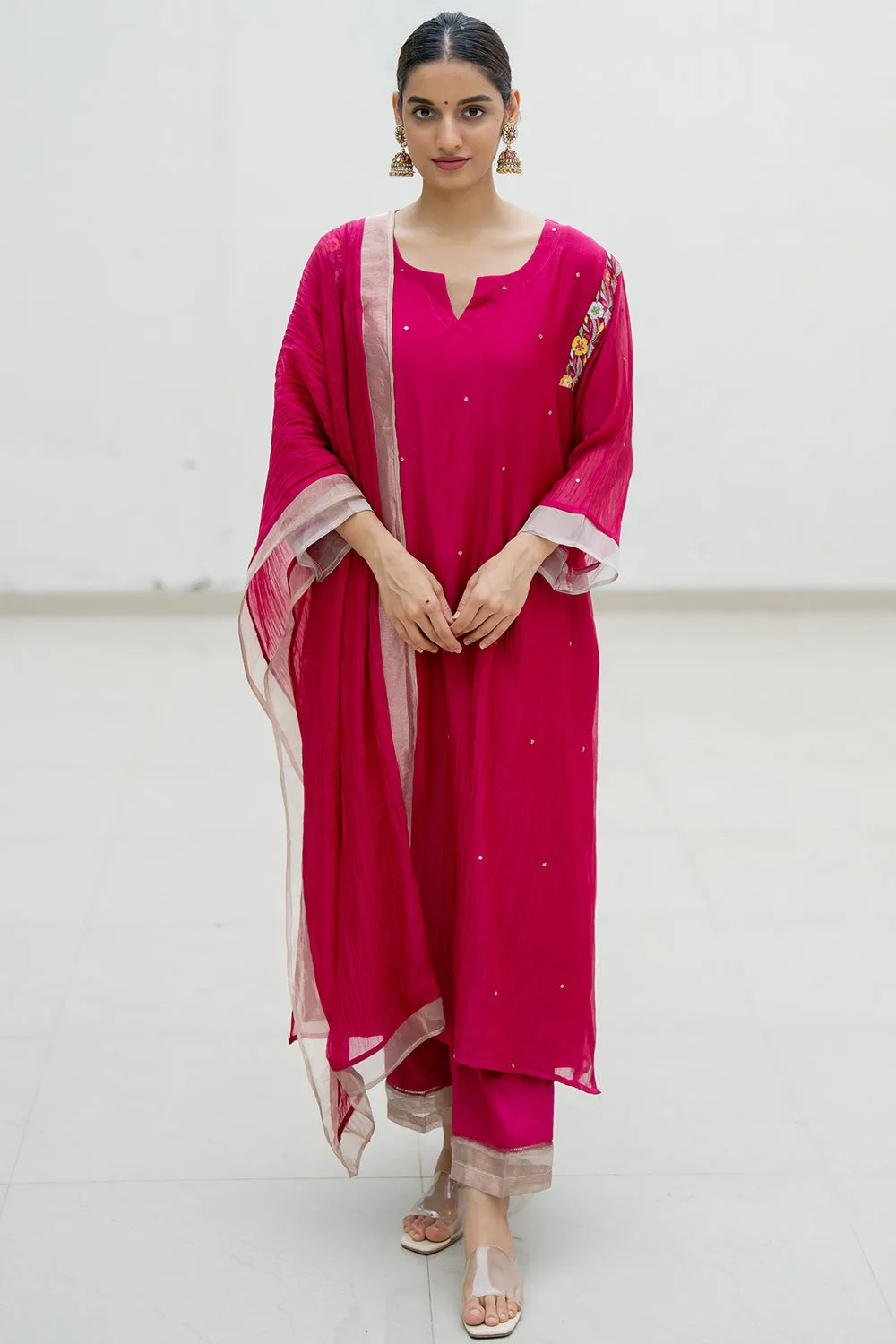 Resham Embroidered Hot Pink Kurta Set In Handwoven Chanderi