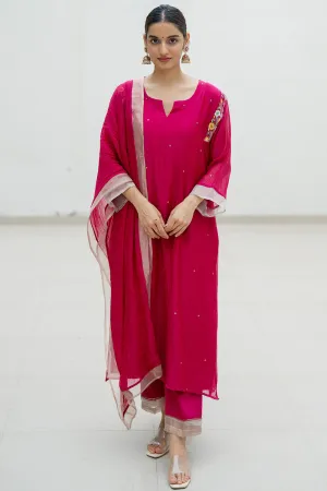 Resham Embroidered Hot Pink Kurta Set In Handwoven Chanderi