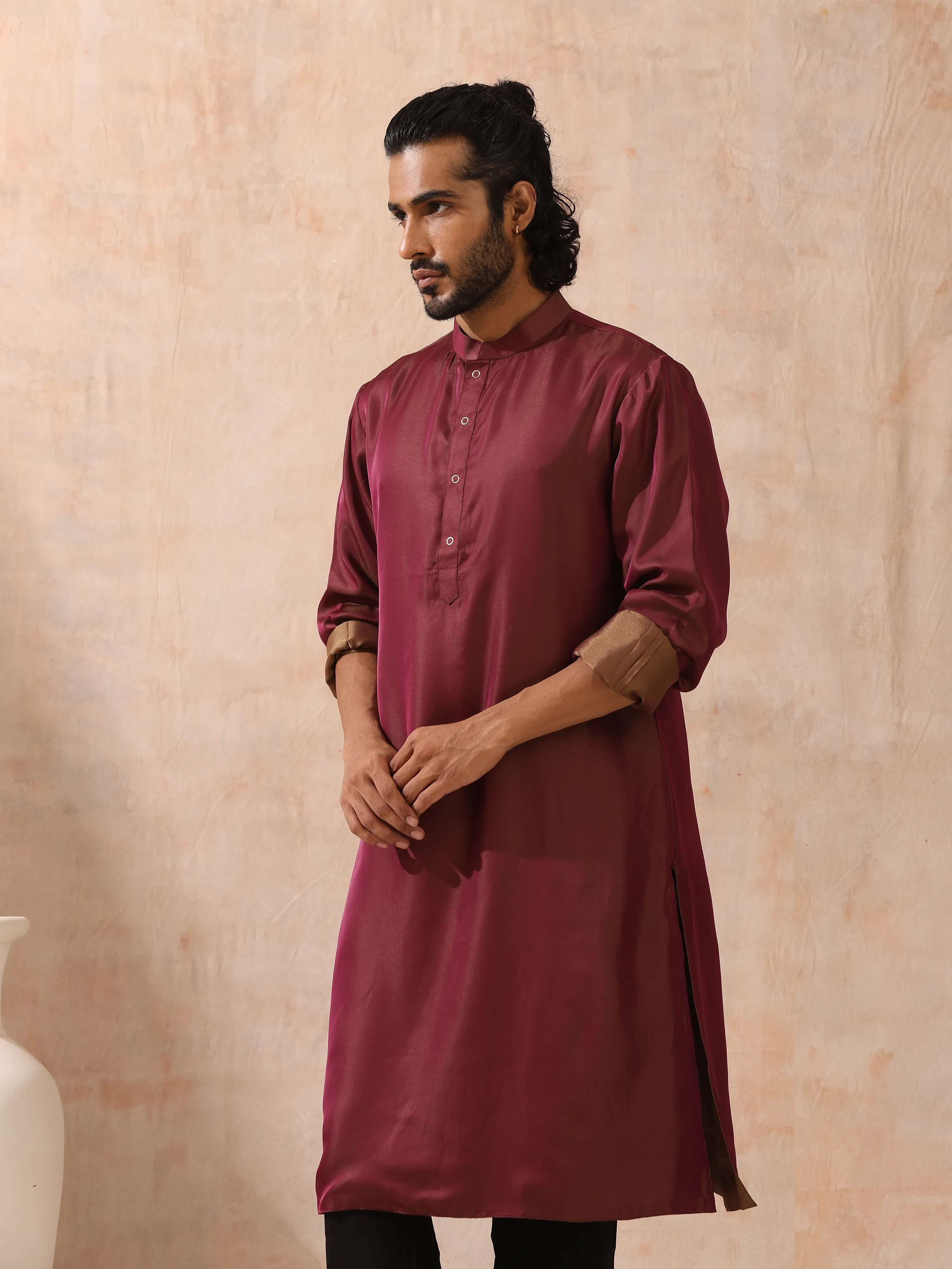 Reversible Maroon and Mustard Satin Kurta