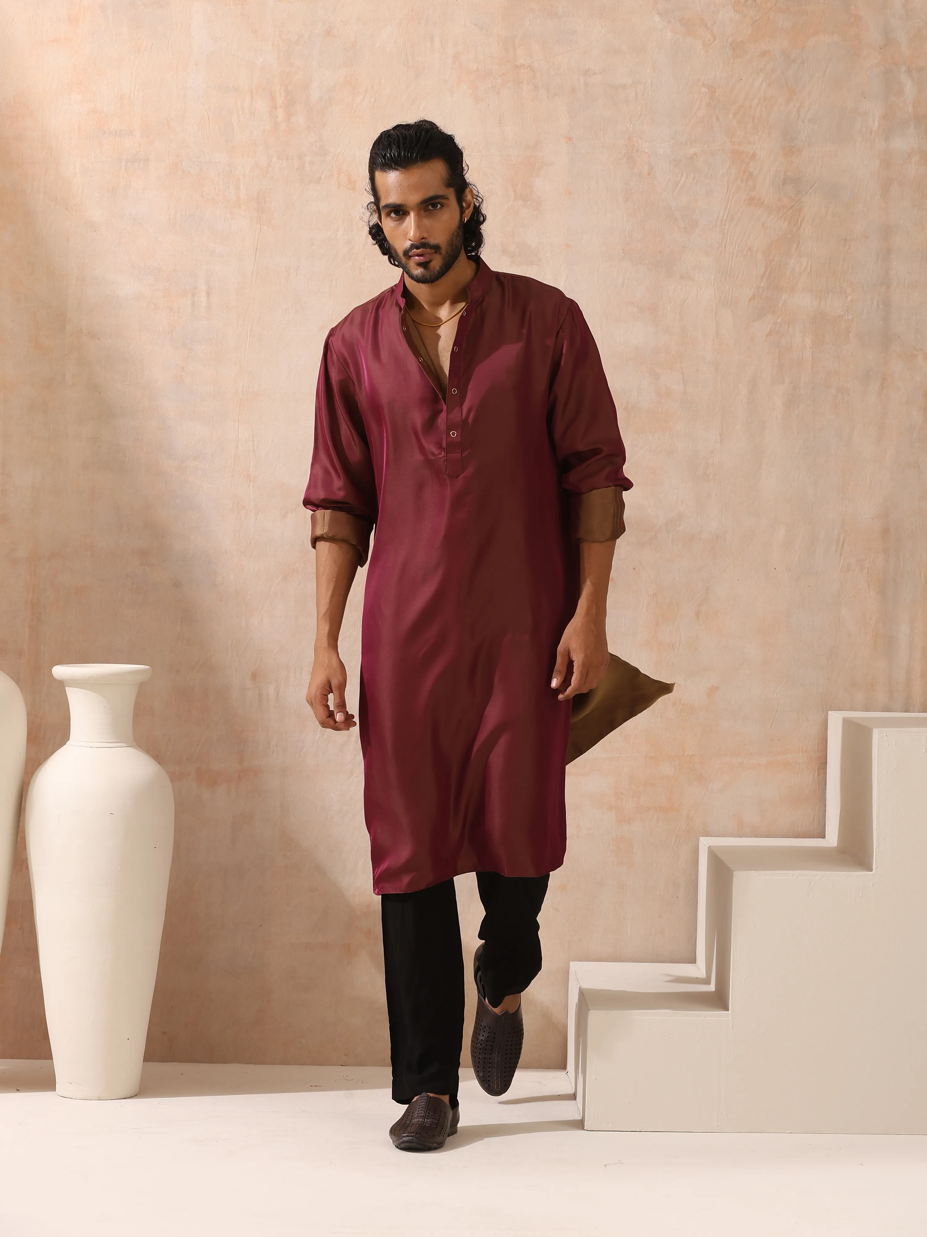 Reversible Maroon and Mustard Satin Kurta