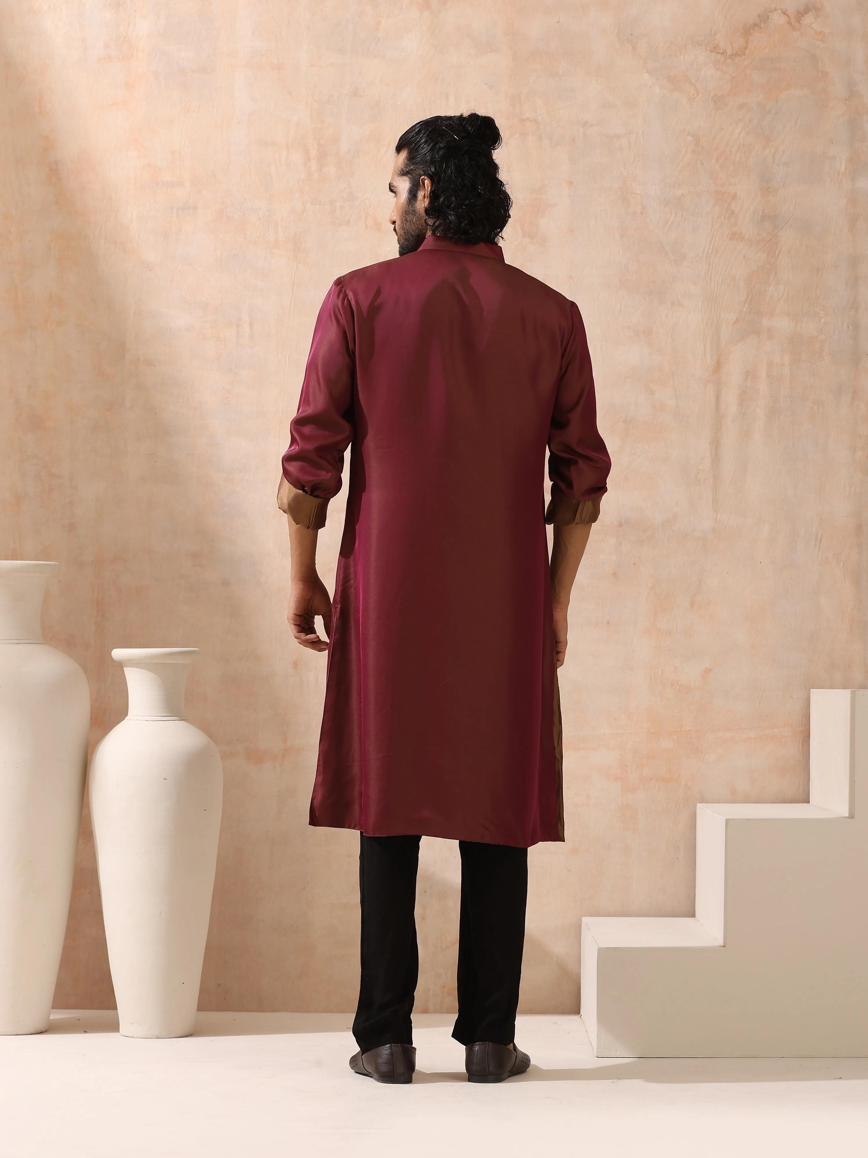 Reversible Maroon and Mustard Satin Kurta