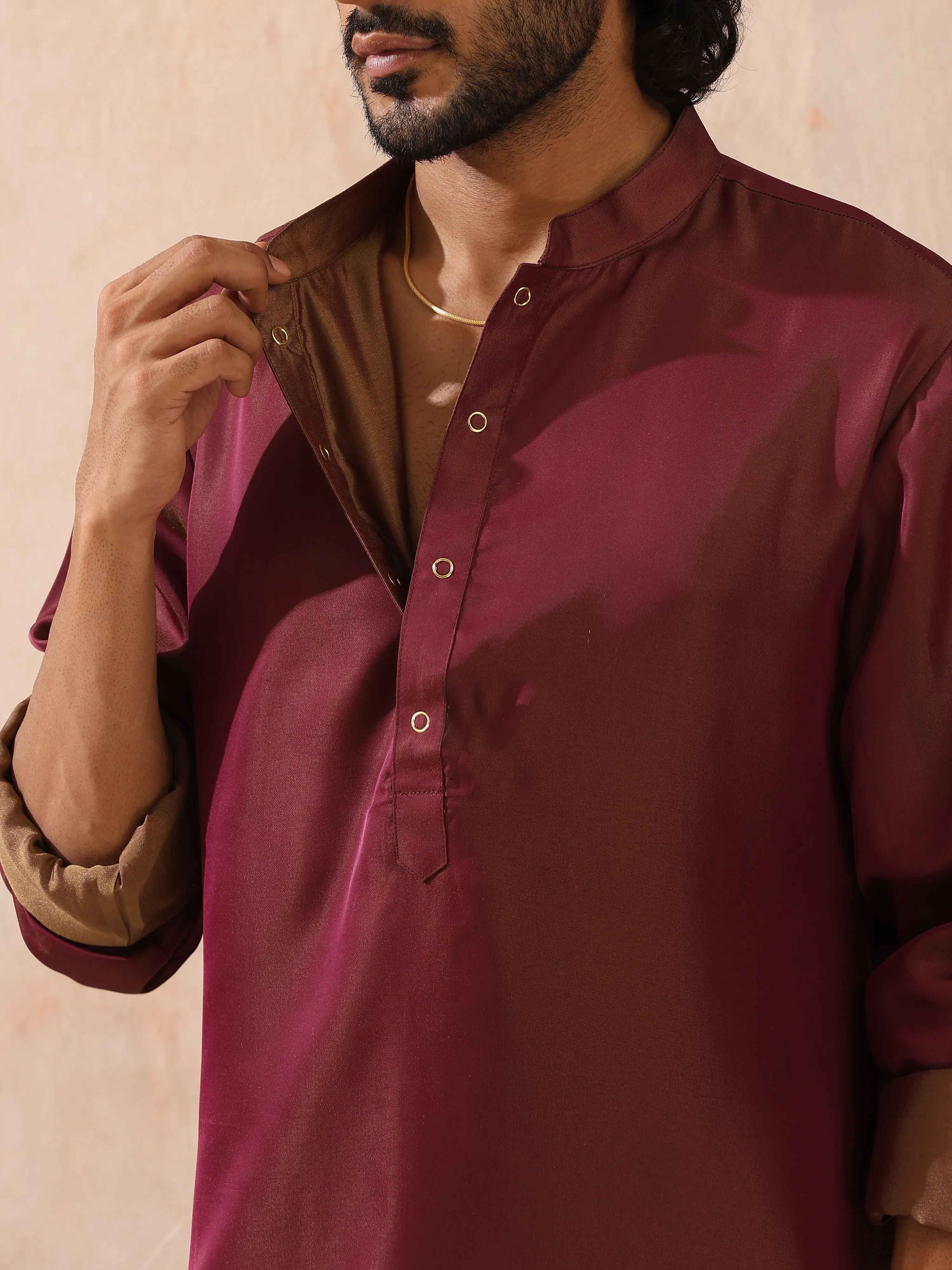 Reversible Maroon and Mustard Satin Kurta