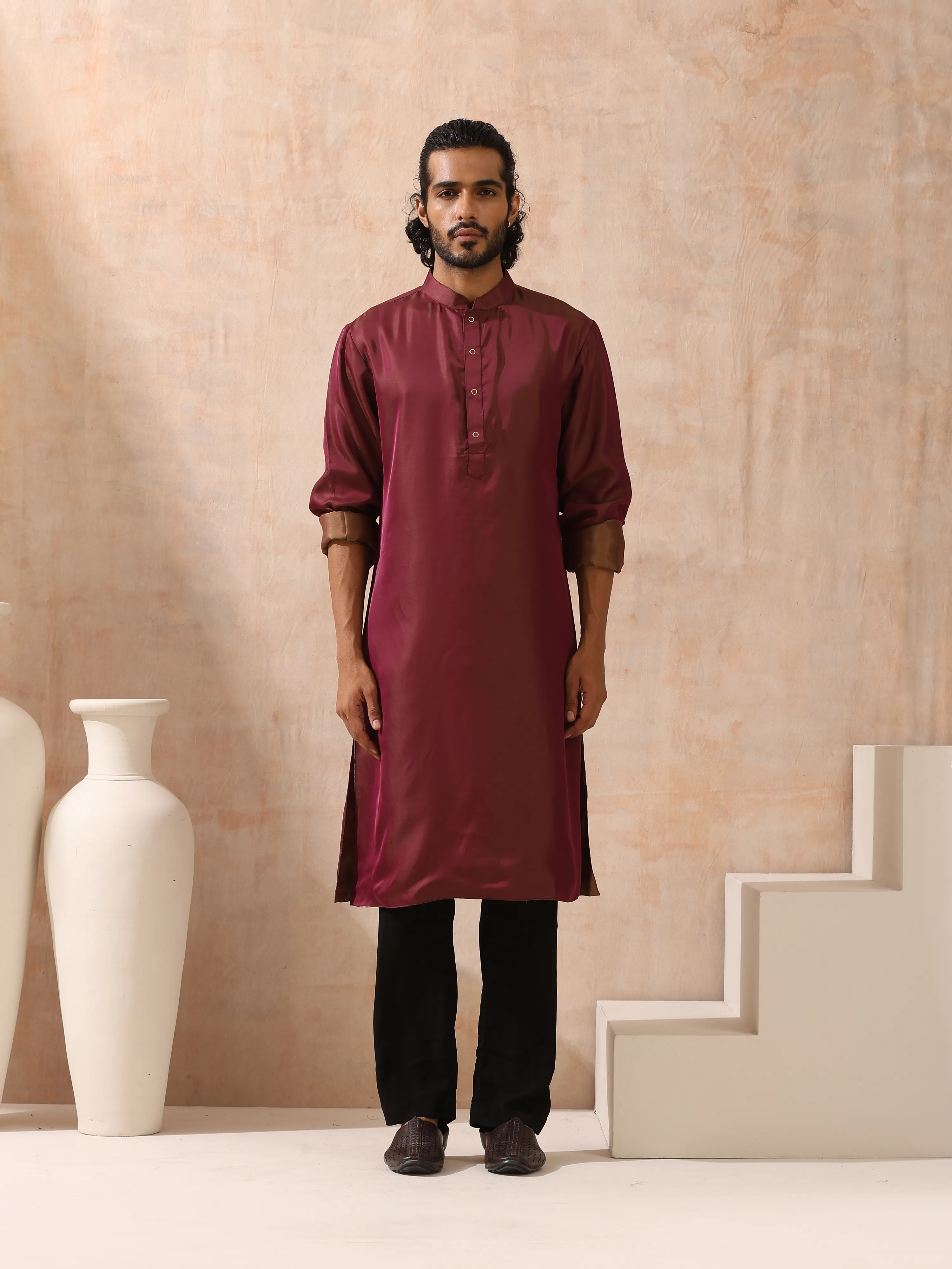 Reversible Maroon and Mustard Satin Kurta