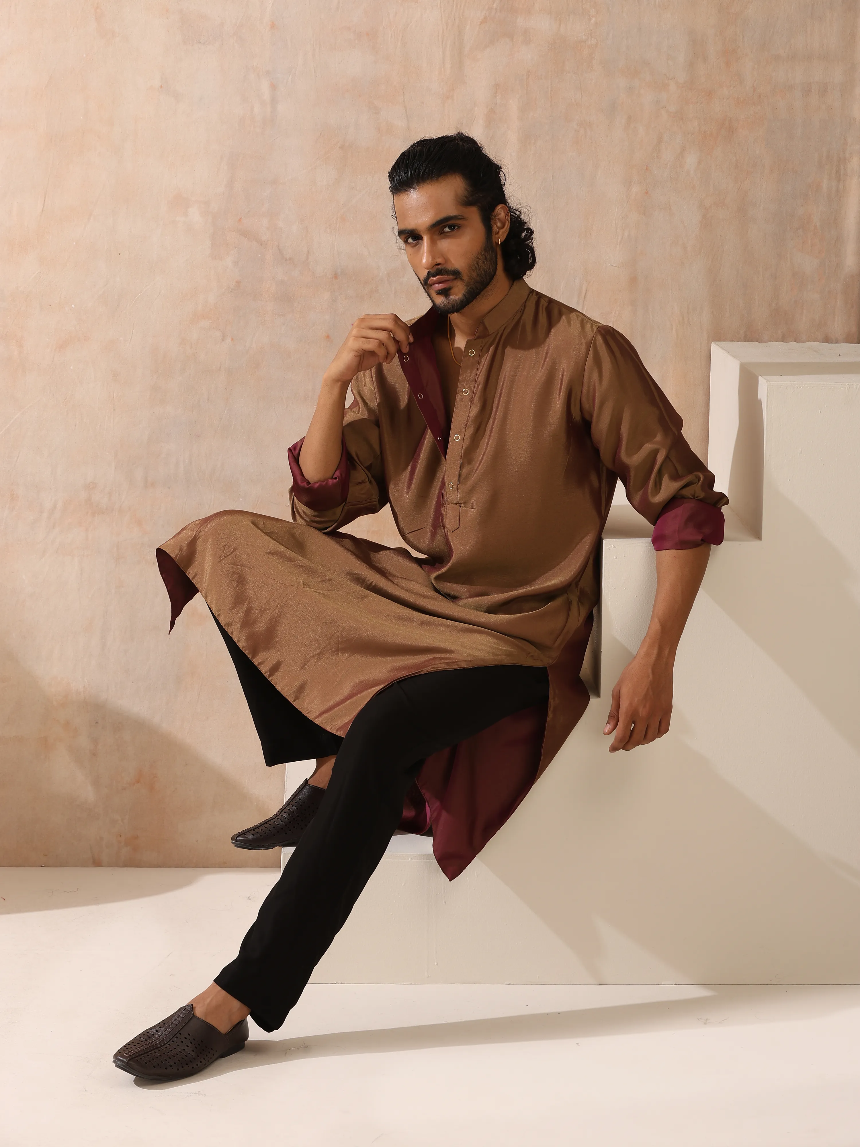 Reversible Maroon and Mustard Satin Kurta