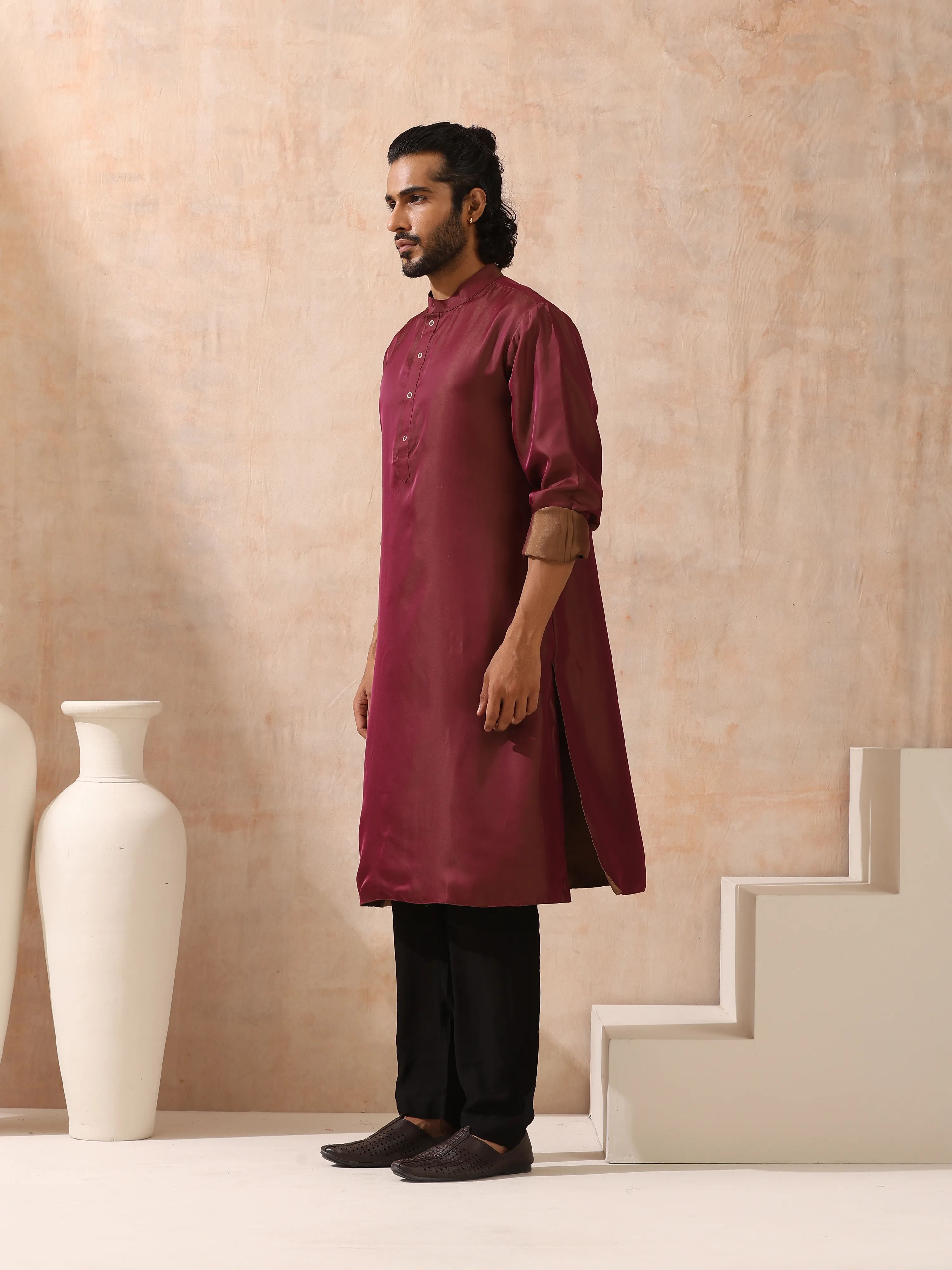 Reversible Maroon and Mustard Satin Kurta