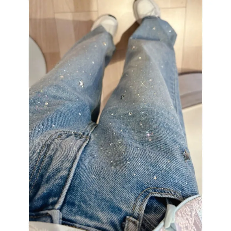 Rhinestone Loose High Waist Jeans