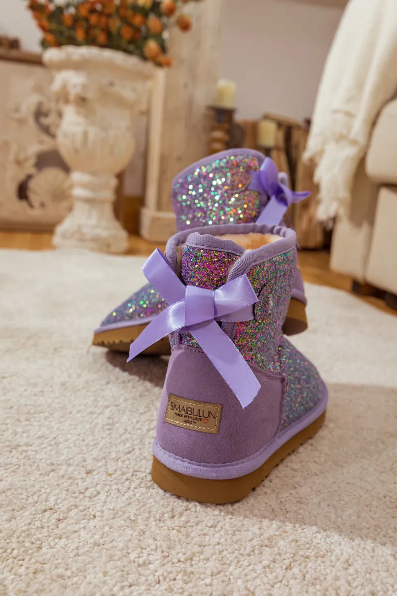 Ribbon Ballet Bow Shimmer Bling Boots - Lavender