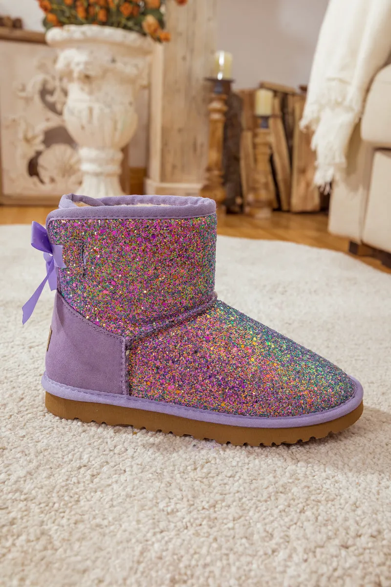 Ribbon Ballet Bow Shimmer Bling Boots - Lavender