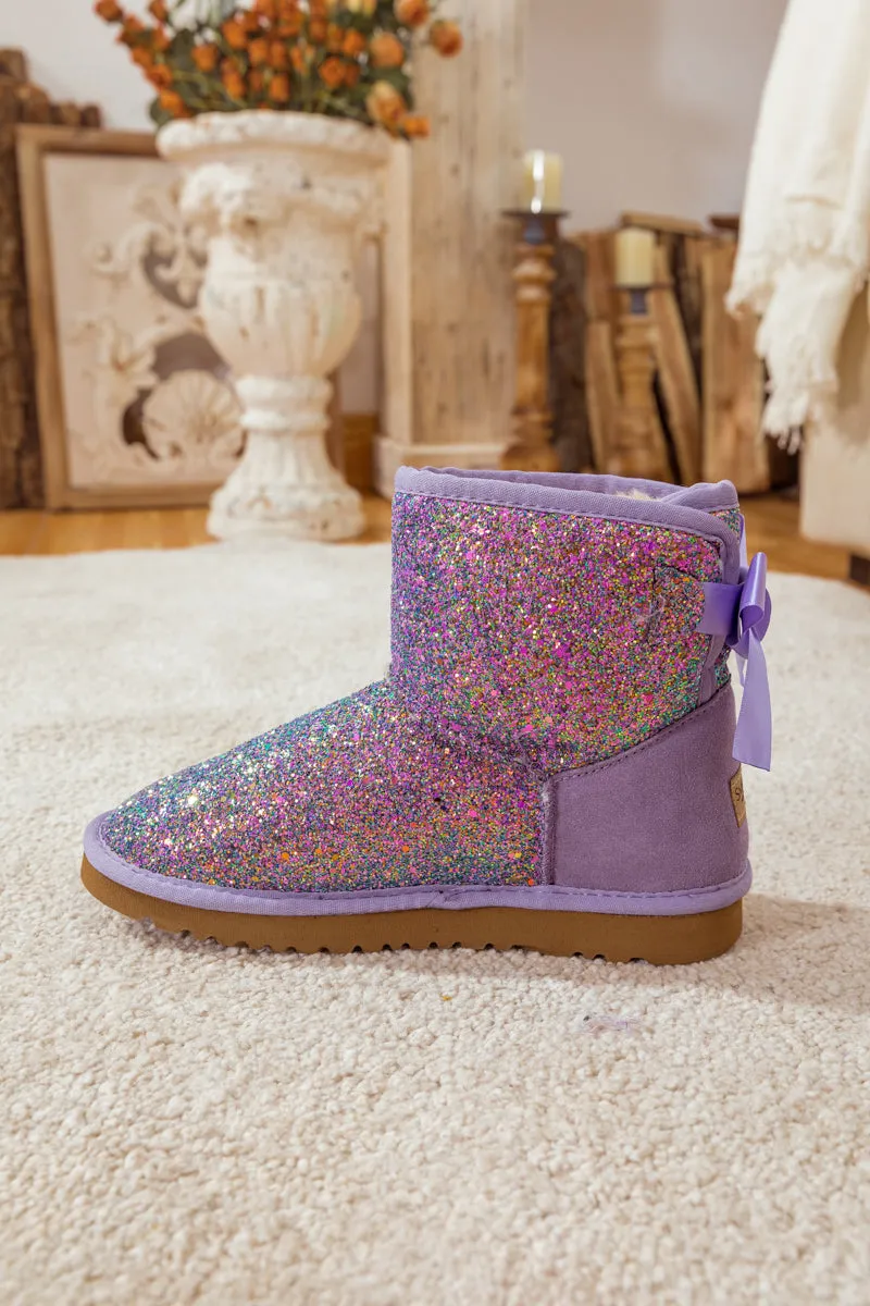 Ribbon Ballet Bow Shimmer Bling Boots - Lavender
