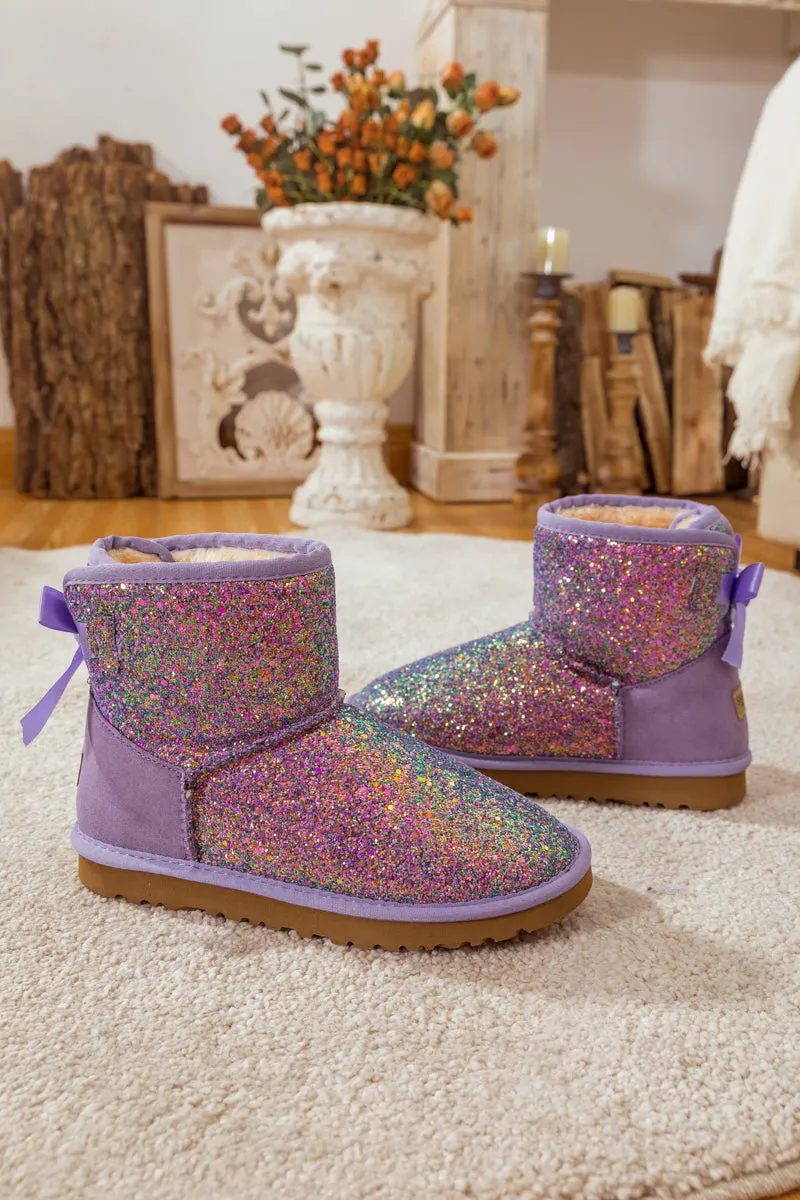 Ribbon Ballet Bow Shimmer Bling Boots - Lavender