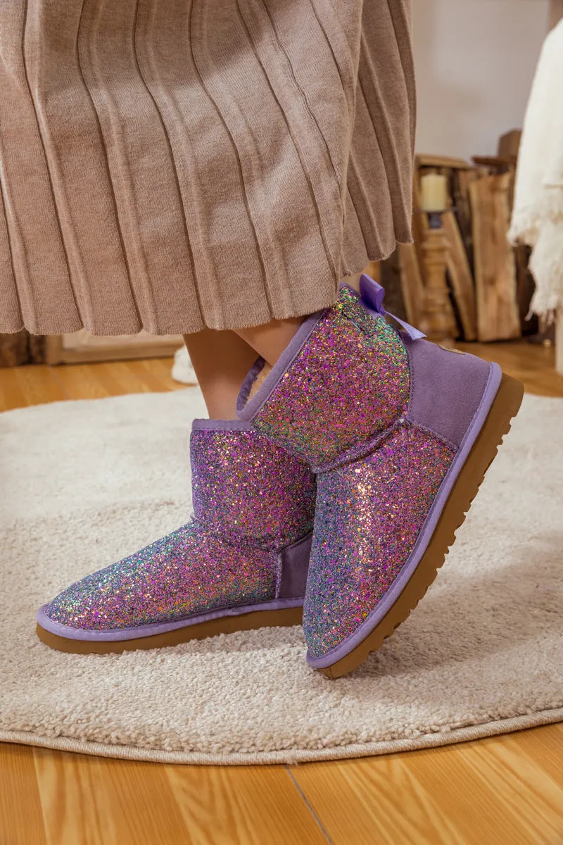Ribbon Ballet Bow Shimmer Bling Boots - Lavender