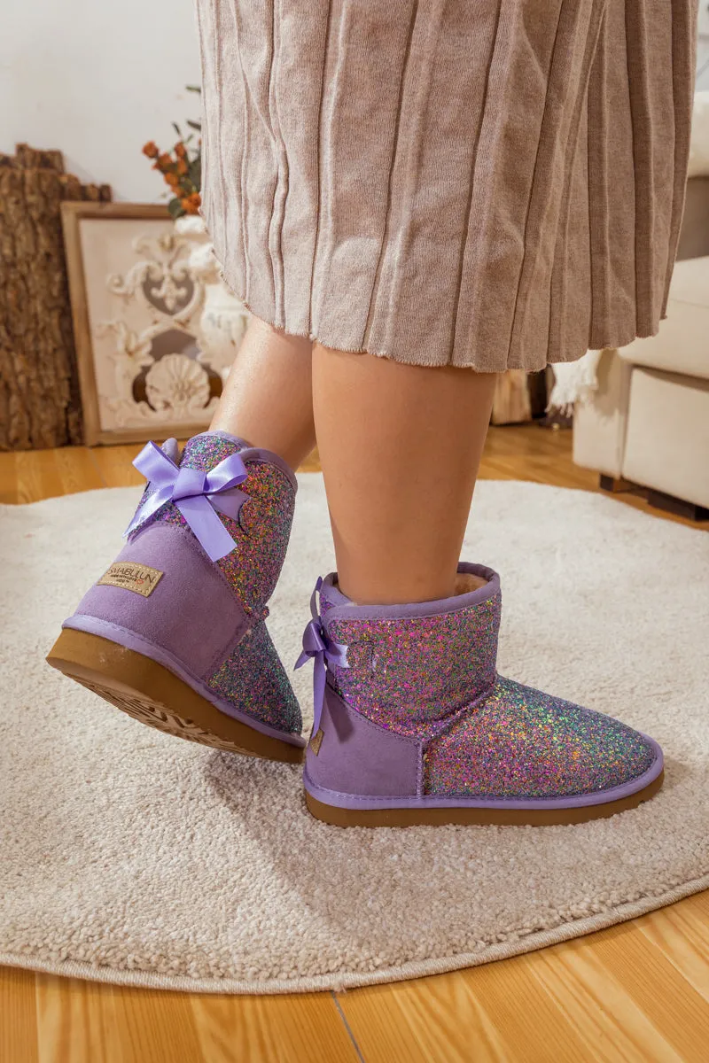 Ribbon Ballet Bow Shimmer Bling Boots - Lavender