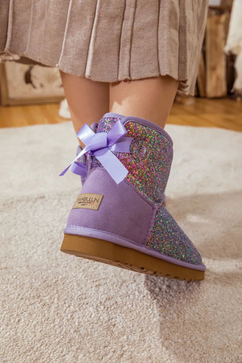 Ribbon Ballet Bow Shimmer Bling Boots - Lavender