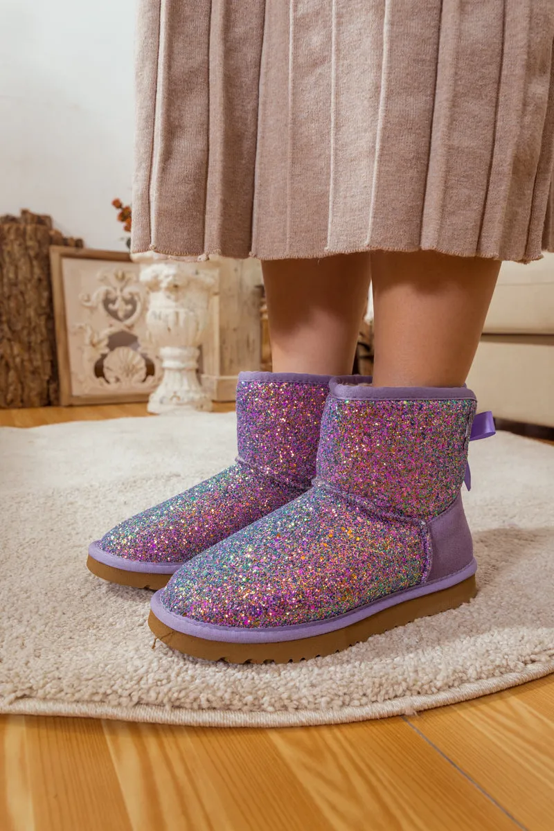 Ribbon Ballet Bow Shimmer Bling Boots - Lavender