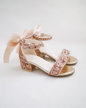 Rock Glitter Low Block Heel Girls Sandals with Back Satin Bow