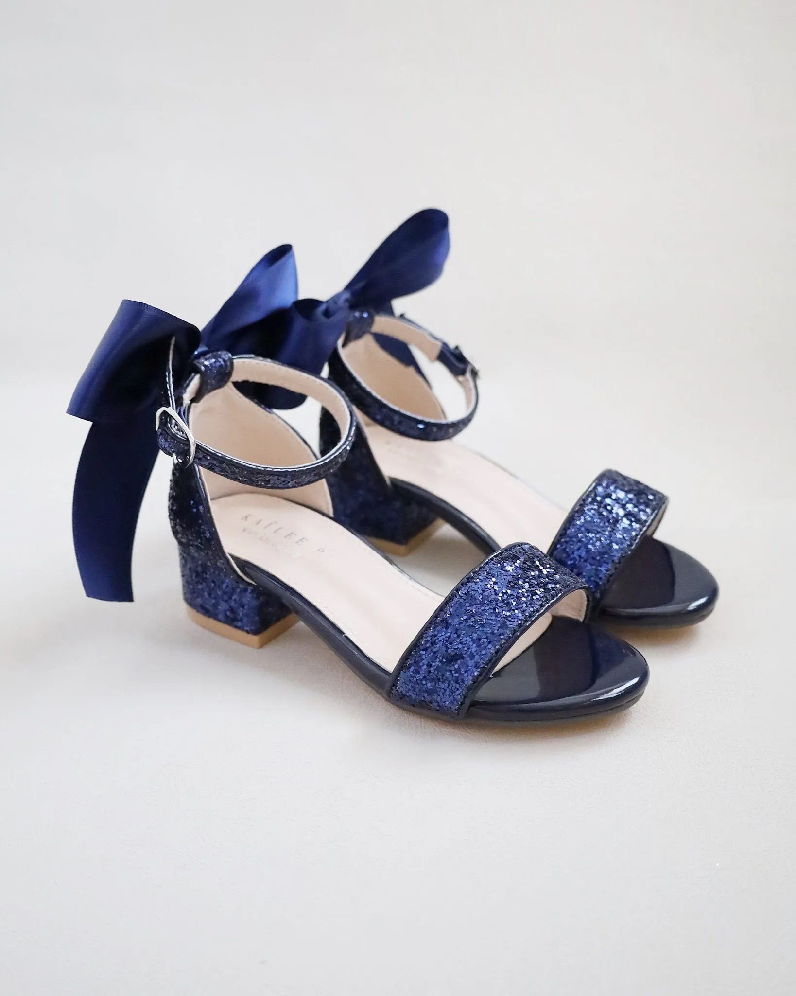Rock Glitter Low Block Heel Girls Sandals with Back Satin Bow