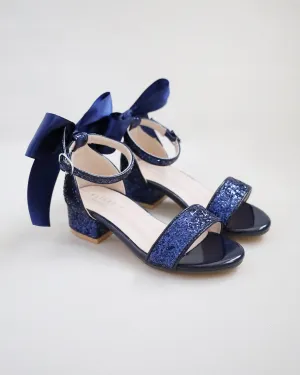 Rock Glitter Low Block Heel Girls Sandals with Back Satin Bow